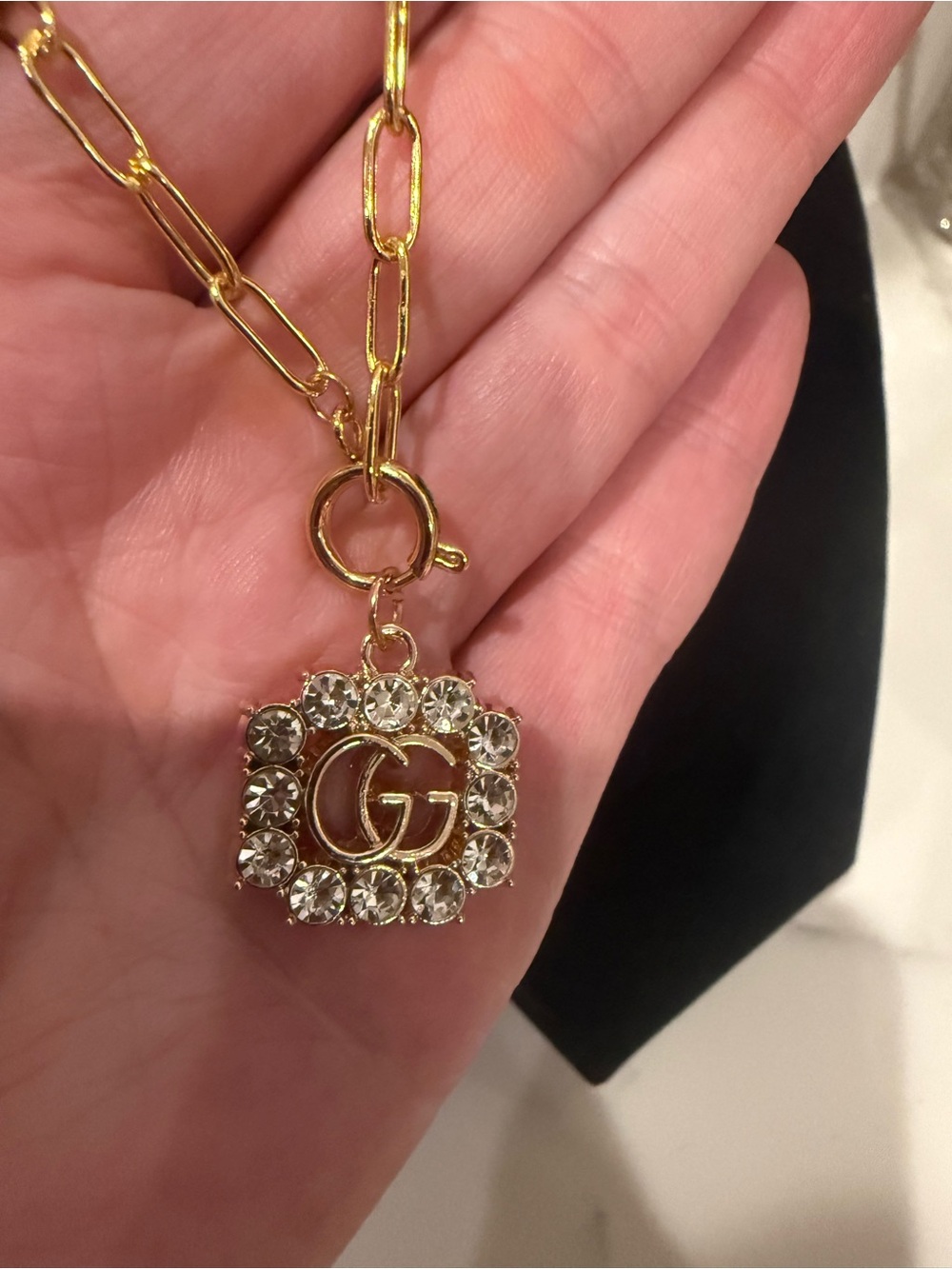 Upcycled Gucci Gold Crystal GG Charm Pendant Necklace - Picture 2 of 12